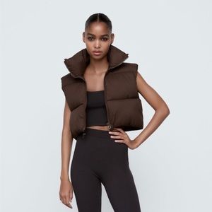 NEW with tags! Zara cropped water repellent puffer vest Brown size L/XL